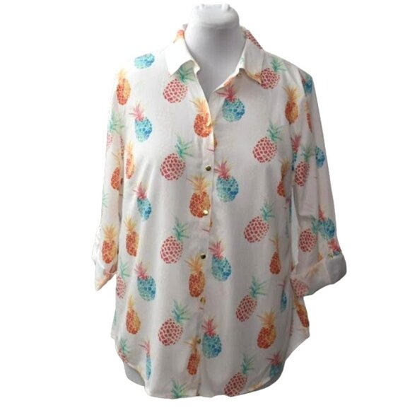 Chicos No Iron Pineapple Print Shirt Womens 16 Chicos 3 Cotton Gold Hardware - Picture 1 of 5